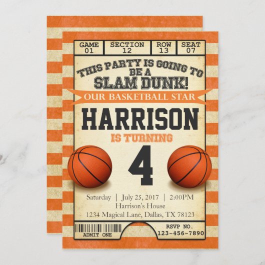 Basketball Ticket Birthday Party Invitation Invite Kaart (Voorkant / Achterkant)
