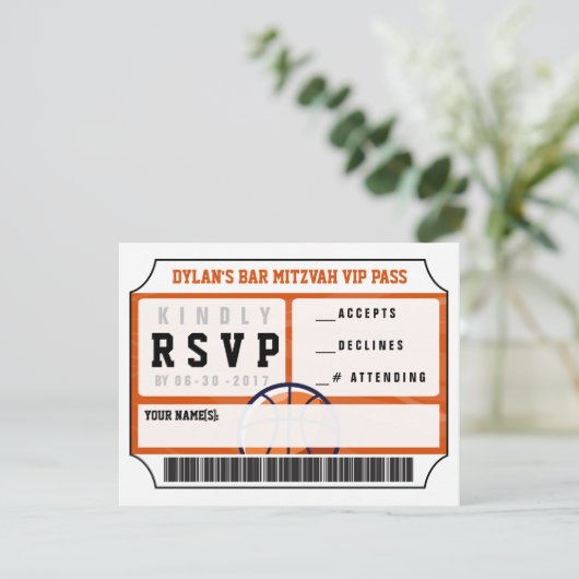 BASKETBALL VIP REPLY KAART Bar Bat Mitzvah (Staand voorkant)