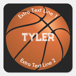 Basketball, witte naam, 2 tekstlijnen, zwart, vS 2 Vierkante Sticker