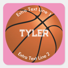 Basketball, witte naam, 2 tekstregels, roze vierkante sticker