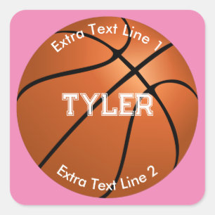 Basketball, witte naam, 2 tekstregels, roze vierkante sticker