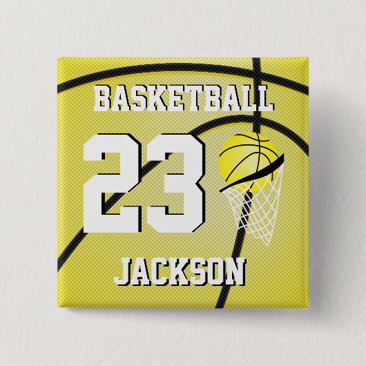 Basketball Yellow en White | Personaliseren Vierkante Button 5,1 Cm (Voorkant)
