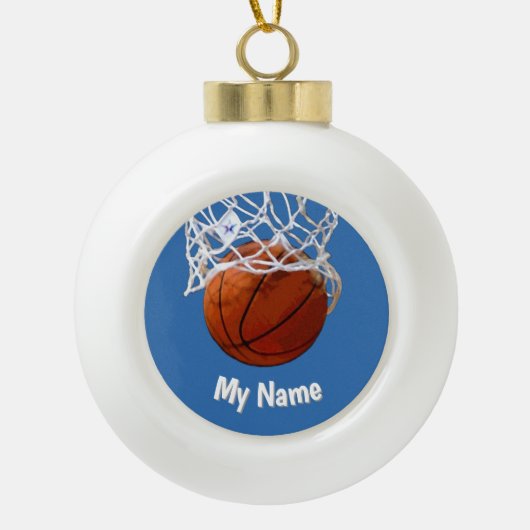 Basketball Your Name Custom Steel Blue Background Keramische Bal Ornament (Voorkant)