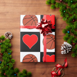 Basketballen & Hearts Black & White Checker Patter Cadeaupapier