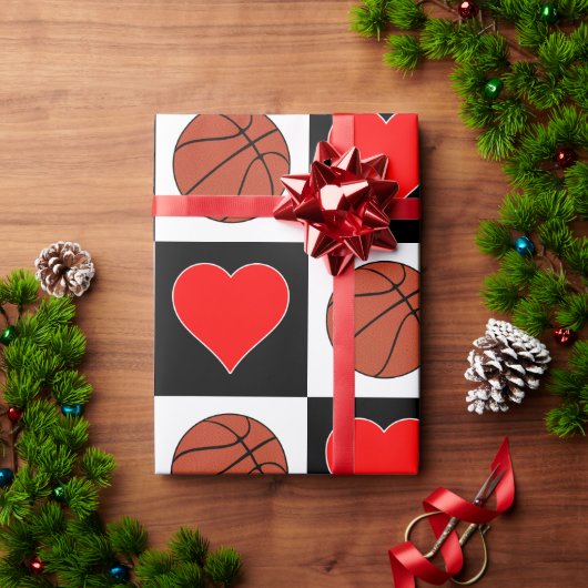 Basketballen & Hearts Black & White Checker Patter Cadeaupapier (Feestdagen Geschenken)