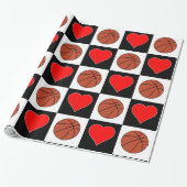 Basketballen & Hearts Black & White Checker Patter Cadeaupapier (Uitgerold)