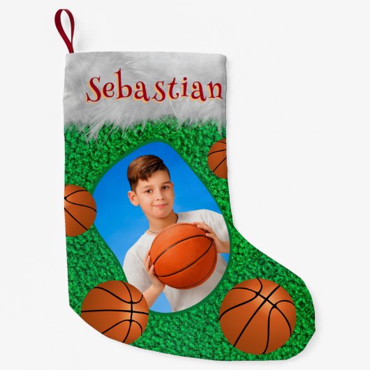 Basketballer Basketbal Coach Foto Naam Cool Kleine Kerstsok (Voorkant)