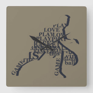 Basketballer dribbelen met full body tekst vierkante klok