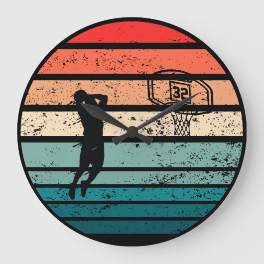 Basketballer slam dunk  retro zonsondergang grote klok (Voorkant)