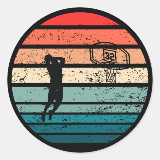 Basketballer slam dunk  retro zonsondergang ronde sticker (Voorkant)