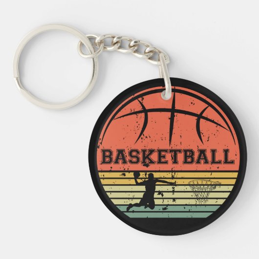 Basketballer slam dunk  retro zonsondergang sleutelhanger (Voorkant)