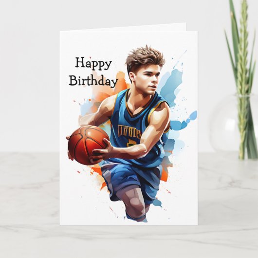 Basketballer Waterverf Happy Birthday Kaart (Voorkant)