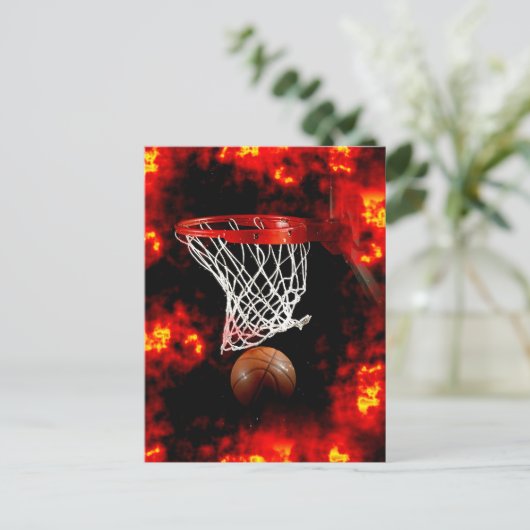 Basketbalnet, bal & vlammen briefkaart (Staand voorkant)