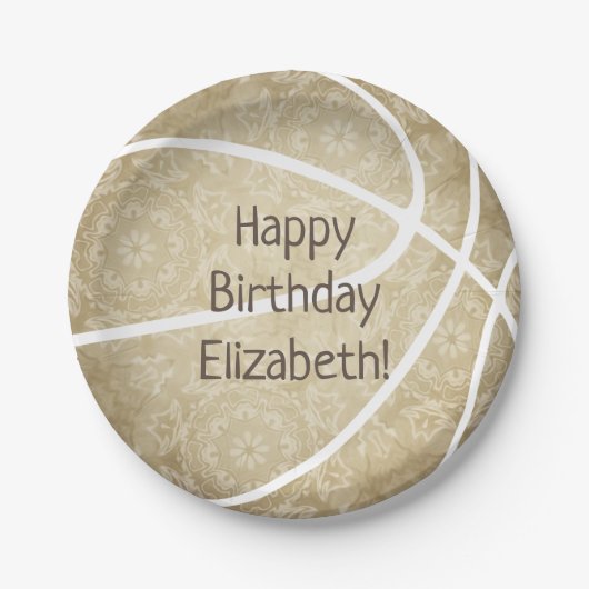 basketbalpartij met gedempt goud, speciaal aangepa papieren bordje (Voorkant)