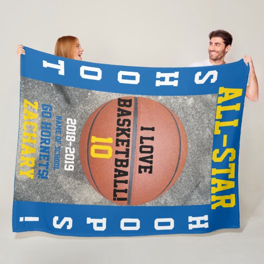 Basketbalringen Medium Blauw Speler Teamnaam Jaar Fleece Deken (In situ)