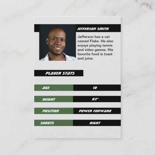 Basketbalspeler Custom Trading Kaart Zwart Groen Contactkaartje (Achterkant)