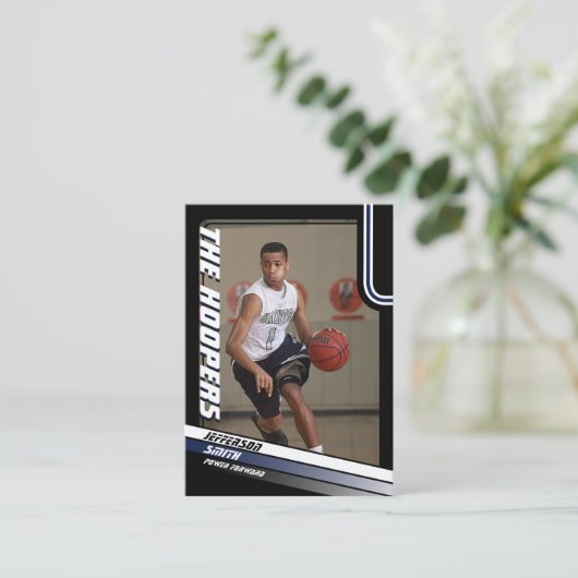 Basketbalspeler Custom Zwart Trading Kaart Blauw Contactkaartje (Staand voorkant)