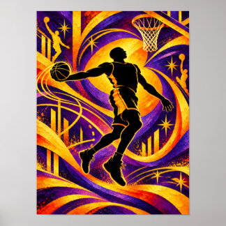 Basketbalspeler die op de ring schiet Silhouet Poster