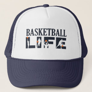 basketbalspeler dribbelen met oranje bal trucker pet