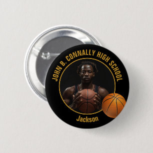 Basketbalspeler Foto Zwart Goud Middelbare School Ronde Button 5,7 Cm