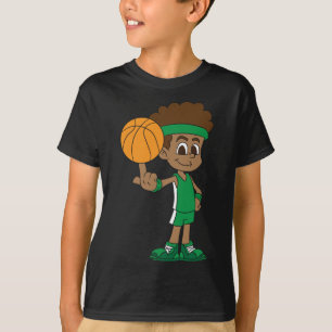 Basketbalspeler heeft basketbal op zijn vinger ged t-shirt