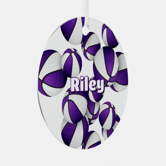Basketbalspeler houdt kinder naam paarse wit metalen ornament (Voorkant Rechts)