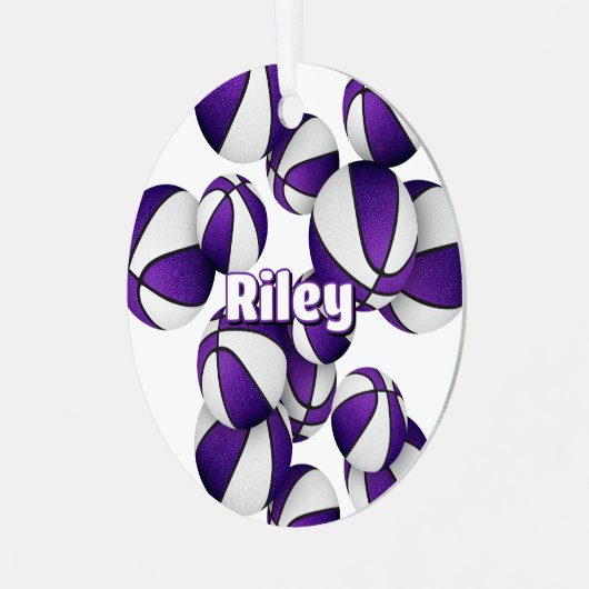 Basketbalspeler houdt kinder naam paarse wit metalen ornament (Voorkant links)