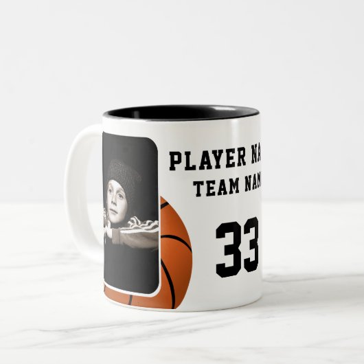 Basketbalspeler Naam Nummer Team 2 Foto's Tweekleurige Koffiemok (Voorkant links)