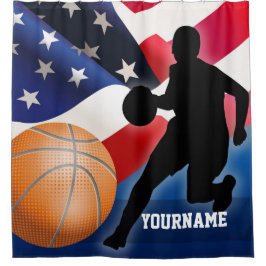 Basketbalspeler Silhouette met Amerikaanse vlag Douchegordijn