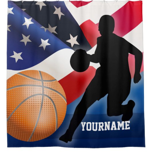 Basketbalspeler Silhouette met Amerikaanse vlag Douchegordijn (Voorkant)