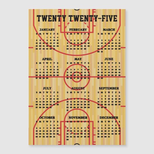 Basketbalveld 2025 Kalender Magnetische Kaart (Voorkant)