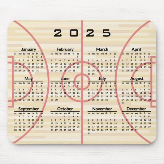 Basketbalveld Ontwerp 2025 Kalender Mousepad Muismat (Voorkant)