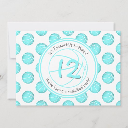basketbalverjaardag of teamparty van turkooise gir kaart (Achterkant)