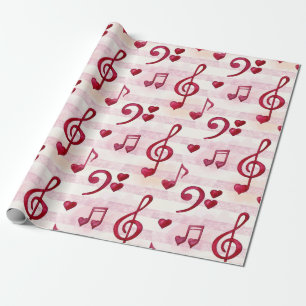 Basklaven, Violinesleutels, Muzieknoten, Rode Hart Cadeaupapier