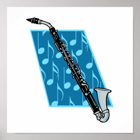 Bass Clarinet met blauwe achtergrond en Muzieknote Poster (Voorkant)