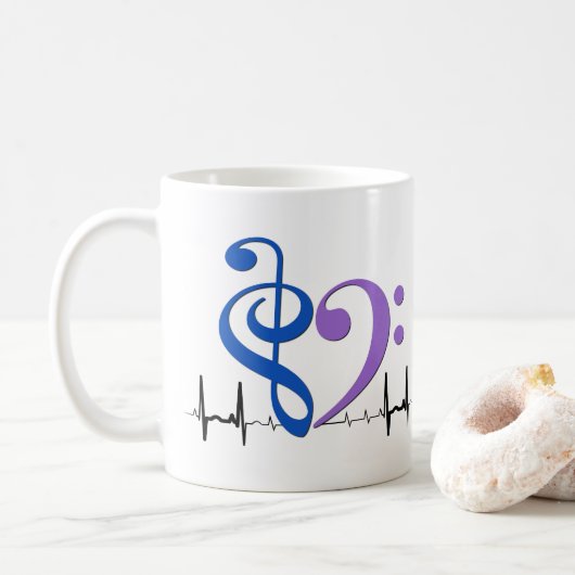 Bass Clef Heart EKG Waves Blauw & Amethist Koffiemok (Met donut)