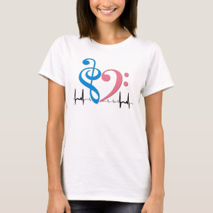 Bass Clef Heart EKG Waves Cyaan & Roze T-shirt