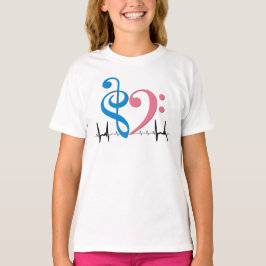 Bass Clef Heart EKG Waves Cyaan & Roze T-shirt