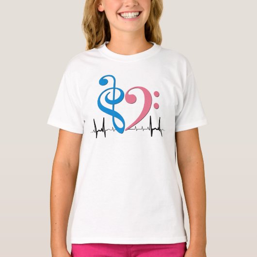 Bass Clef Heart EKG Waves Cyaan & Roze T-shirt (Voorkant)