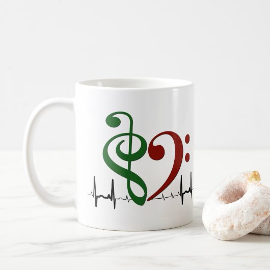 Bass Clef Heart EKG Waves Green & Ruby Red Koffiemok (Met donut)
