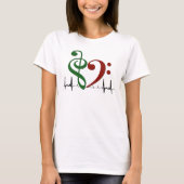 Bass Clef Heart EKG Waves Green & Ruby Red T-shirt (Voorkant)