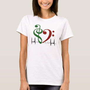Bass Clef Heart EKG Waves Green & Ruby Red T-shirt