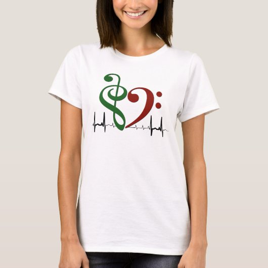 Bass Clef Heart EKG Waves Green & Ruby Red T-shirt (Voorkant)