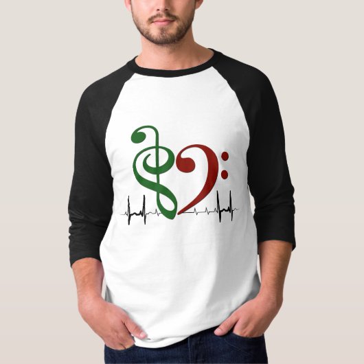 Bass Clef Heart EKG Waves Green & Ruby Red T-shirt (Voorkant)