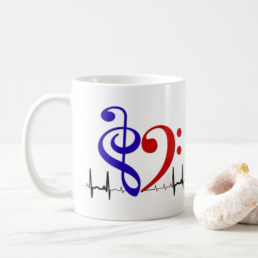Bass Clef Heart EKG Waves Navy blauw en rood Koffiemok (Met donut)
