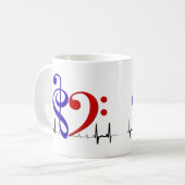 Bass Clef Heart EKG Waves Navy blauw en rood Koffiemok (Voorkant links)