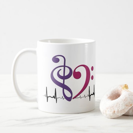 Bass Clef Heart EKG Waves Paarse & Mulberry Koffiemok (Met donut)