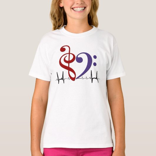Bass Clef Heart EKG Waves Rood & Paarse T-shirt (Voorkant)
