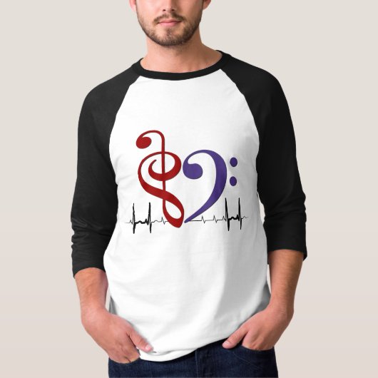 Bass Clef Heart EKG Waves Rood & Paarse T-shirt (Voorkant)