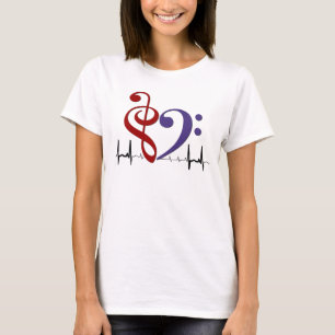 Bass Clef Heart EKG Waves Rood & Paarse T-shirt